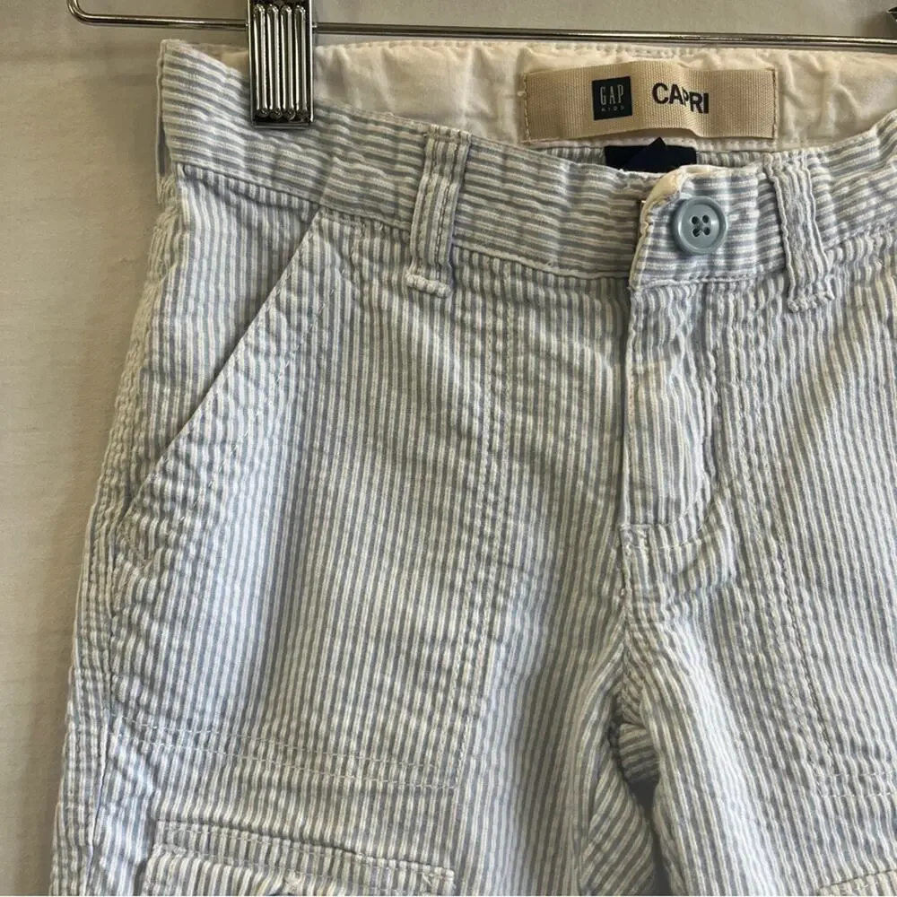 Gap Capri Pants Blue White Seersucker Cargo Toddler Girl Size 4 Adjustable Strap